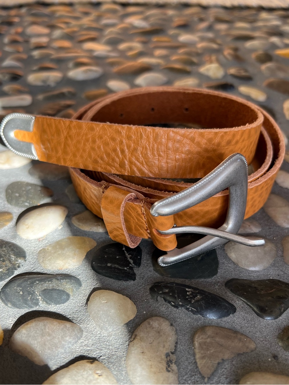 UO Pebbled Leather Belt with Silver Buckle and Tooled Belt End